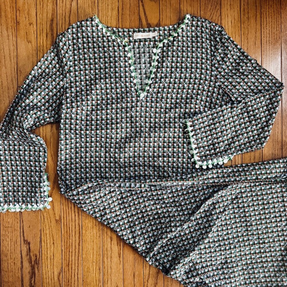 Tory Burch Shell Embellished Cane Weave Pattern Green Tan Resort Caftan - L - Picture 2 of 10